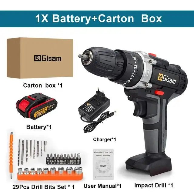 21V cordless impact drill and screwdriver with lithium-ion battery, compact design, plastic storage box, ideal for power drilling tasks