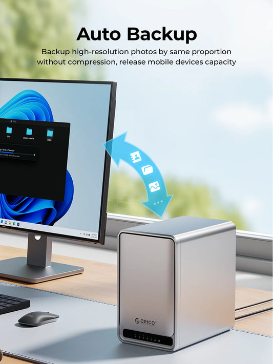 Orico 2-bay personal NAS from BackupMyFilesNow.com with remote access, automatic backup, data sharing, and intelligent file classification.