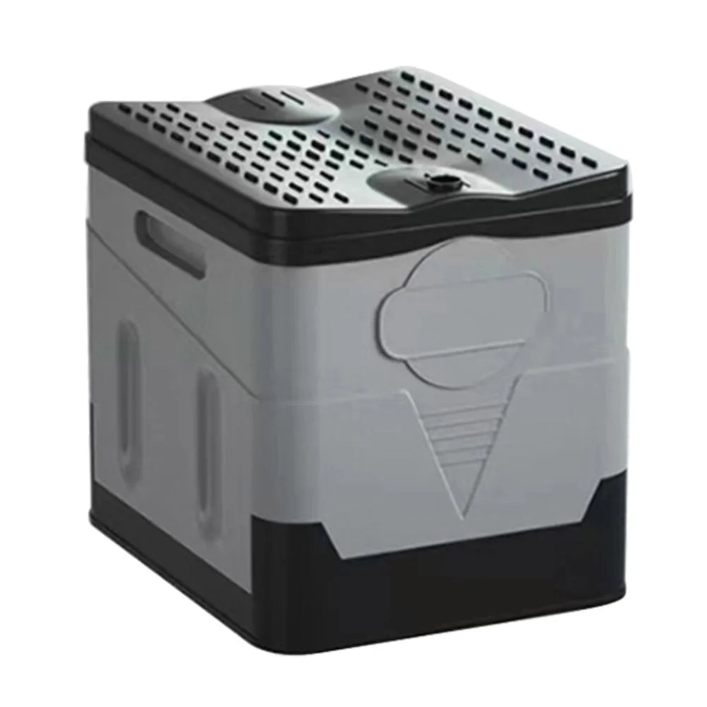 Portable car toilet and trash can by BACKUPMYFILESNOW.COM®, foldable design ideal for outdoor camping and travel emergencies.