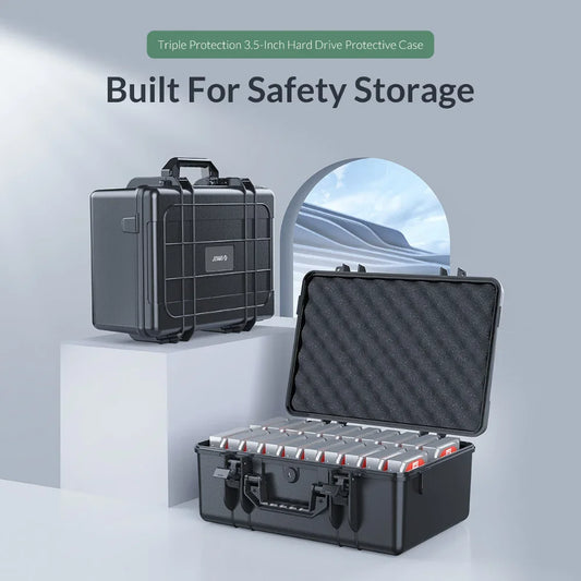 Orico 20-bay aluminum hard drive protector box with lock, suitable for 2.5 and 3.5 inch SSDs and HDDs for secure storage.