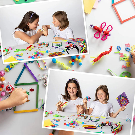 DIY arts and crafts supplies kit with 2000+ pieces, colorful craft materials in a carrying box for handmade educational activities.