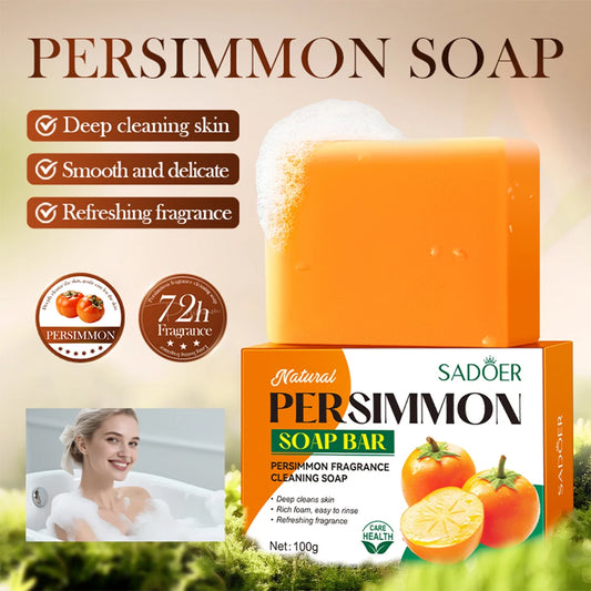 Persimmon cleansing soap bar with foaming net, handmade exfoliating face and body wash, whitening fruit soap for skincare.