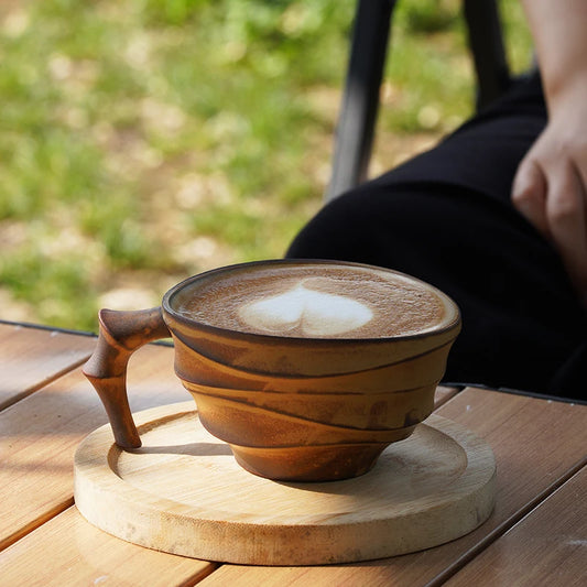 Vintage bamboo ceramic coffee mug by BackupMyFilesNow.com, high-end Japanese-style cup with intricate design and creative craftsmanship.
