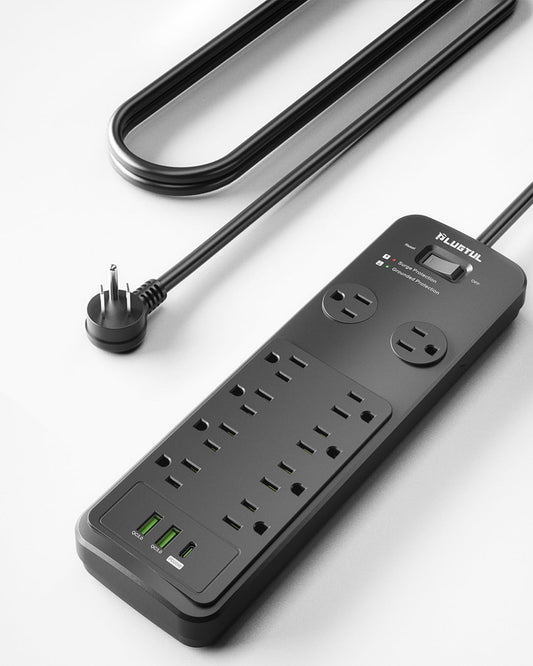 BackupMyFilesNow 20ft surge protector power strip with 10 outlets, flat plug, USB-C charging, spacious design for home office use.