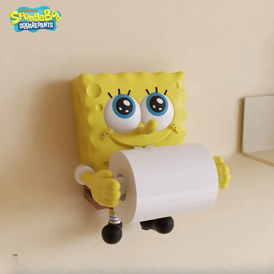 Decorative cartoon sponge coreless toilet paper roll holder and paper towel dispenser for bathroom or kitchen decor.