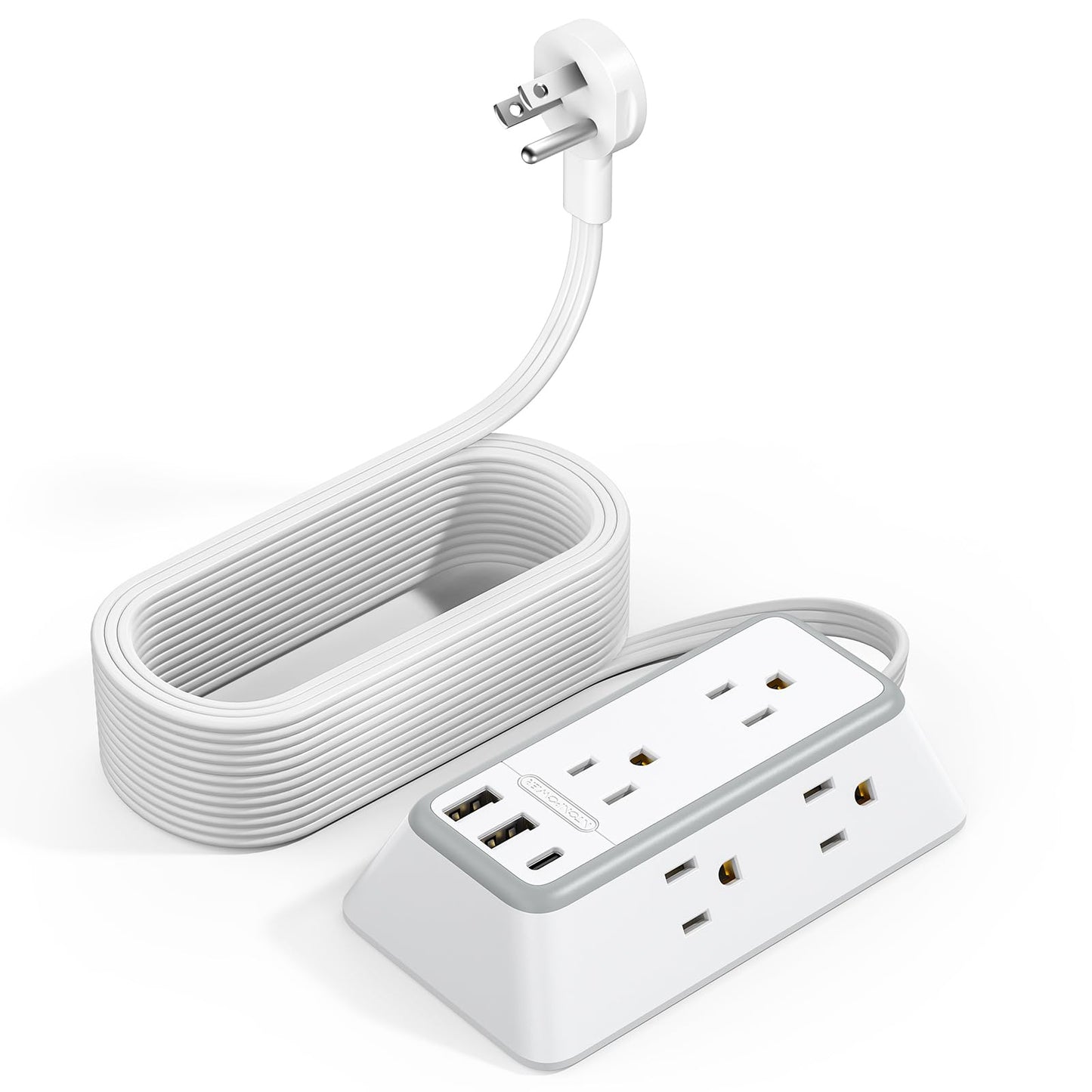 NTONPOWER 25ft white power strip with flat plug, USB-C, surge protection, mountable design, and multiple outlets for home office.