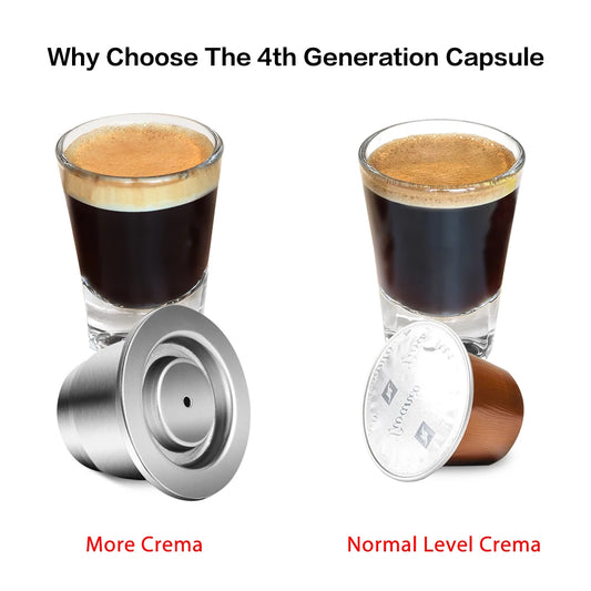 Reusable stainless steel coffee capsule for Nespresso machines, eco-friendly coffee filter with tamper and spoon included.