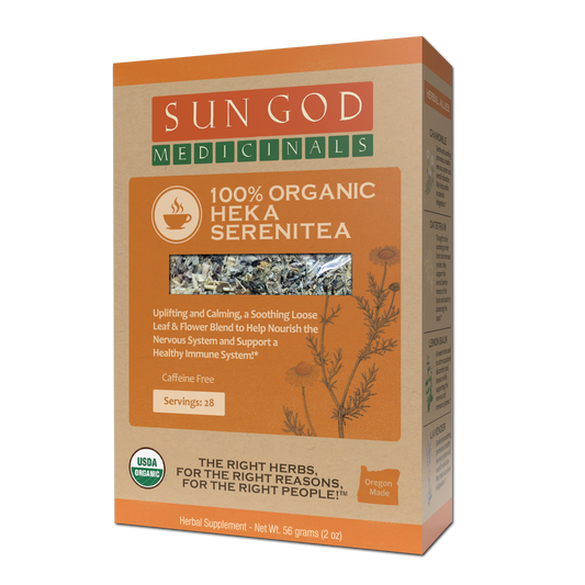 Organic Heka Serenitea herbal tea from BACKUPMYFILESNOW.COM® in a 2oz package, showcasing the herbal tea blend and packaging.