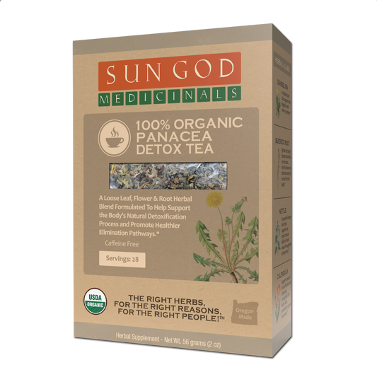 Organic Panacea Detox Herbal Tea by BACKUPMYFILESNOW.COM® in a 2oz package, featuring herbal blend for detox and wellness.