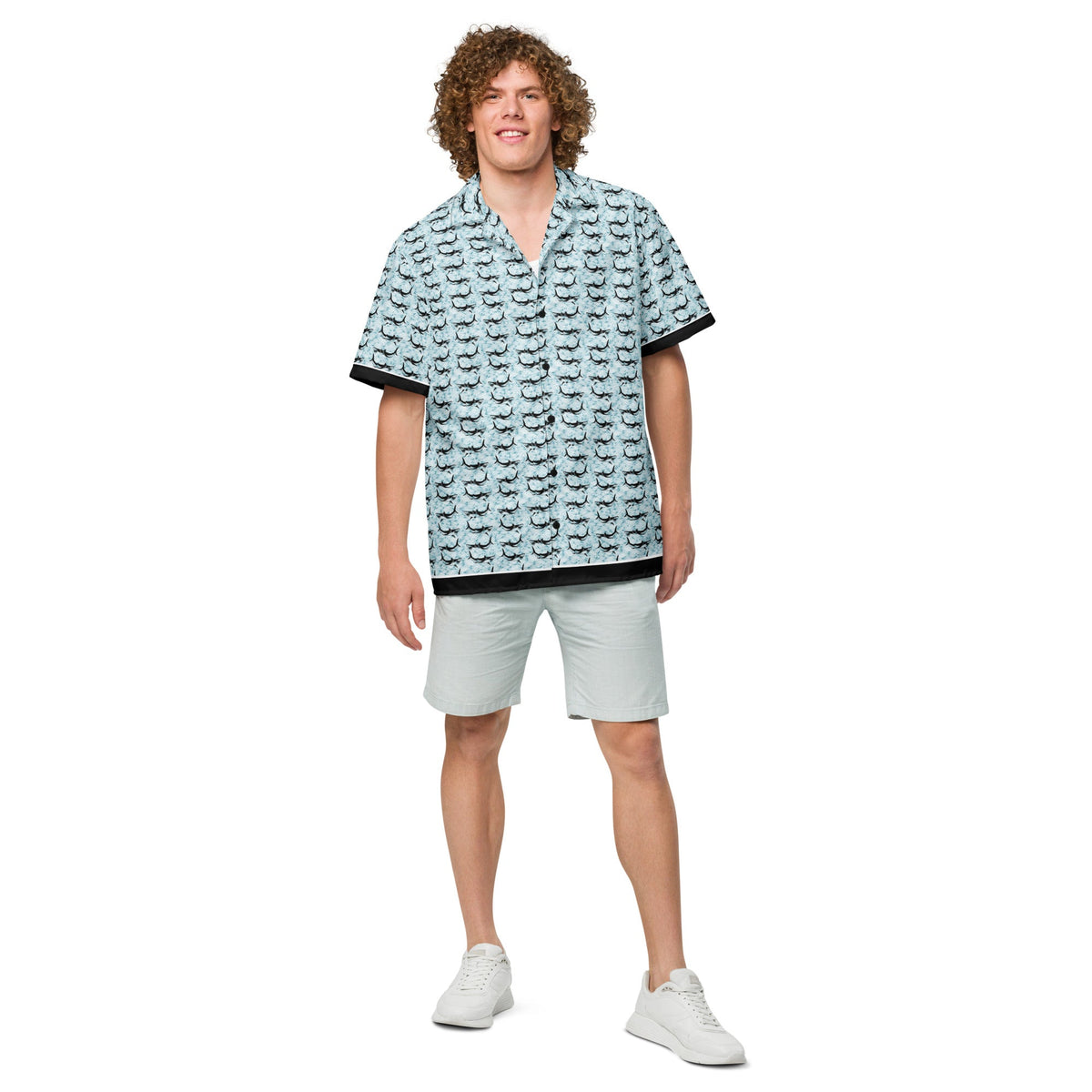 Shark Frenzy button-up shirt by BACKUPMYFILESNOW.COM® featuring a shark print design and collared style.