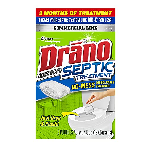 Drano Advanced Septic Tank Treatment in three 4.5 oz pouches, designed to prevent septic backups from solid waste, paper, and grease.