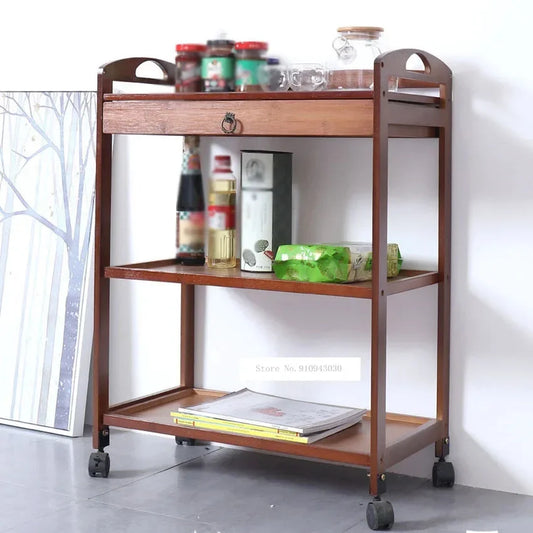Movable bamboo dining trolley with 3 layers, small side cabinet, ideal for living room, kitchen, or beauty salon storage.