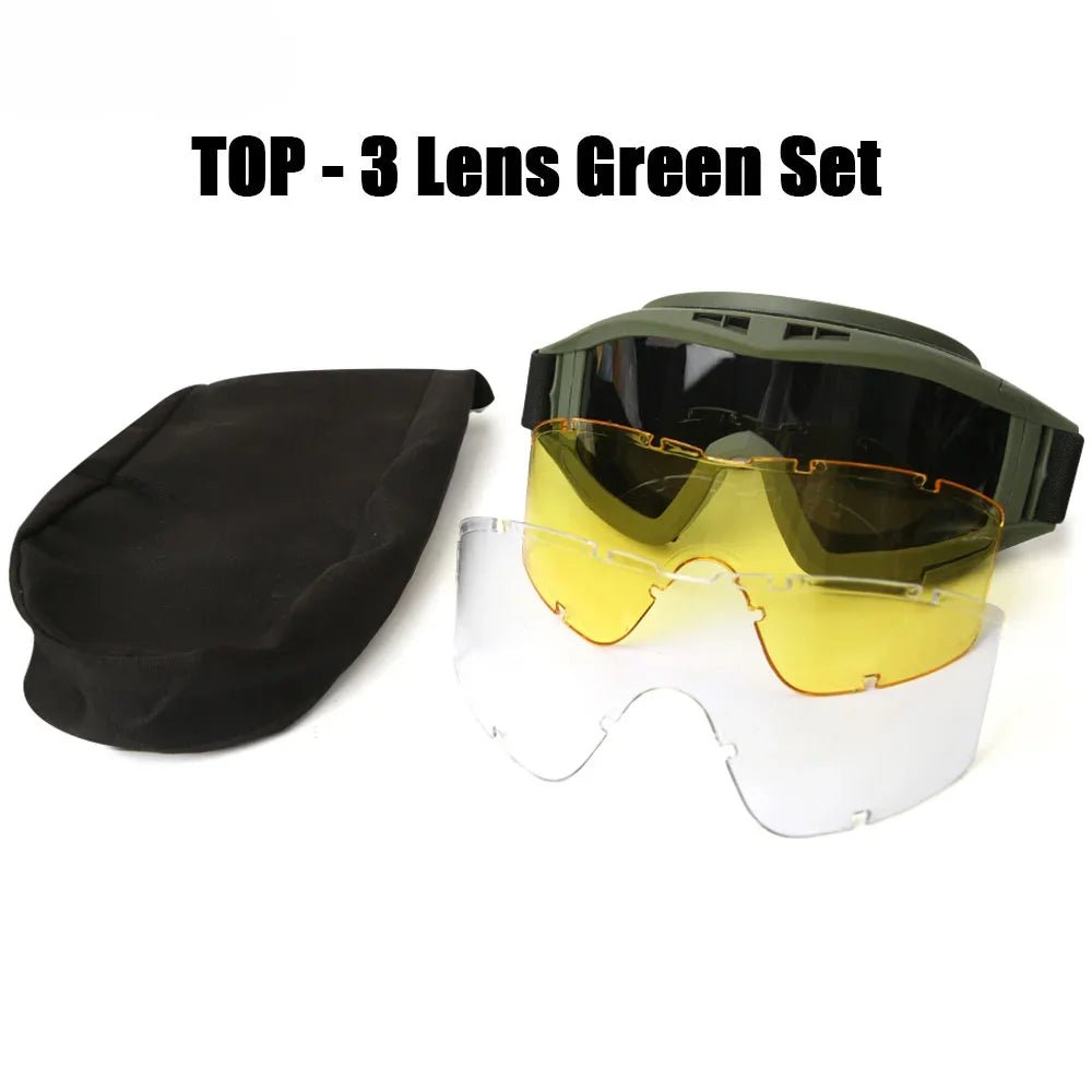 BackupMyFilesNow® Airsoft tactical goggles with three lenses, khaki, windproof and dustproof for shooting, motocross, and mountaineering.