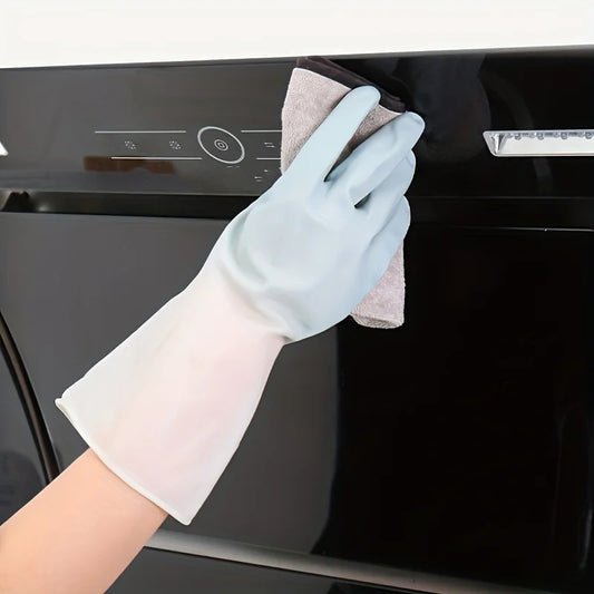 Pair of waterproof household cleaning gloves from BACKUPMYFILESNOW.COM®, durable kitchen dishwashing and laundry washing gloves.