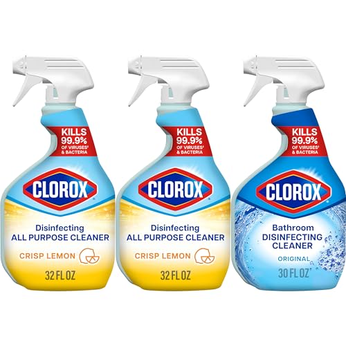 Pack of three Clorox disinfecting all-purpose and bathroom cleaners in 32 oz and 30 oz bottles for household cleaning.