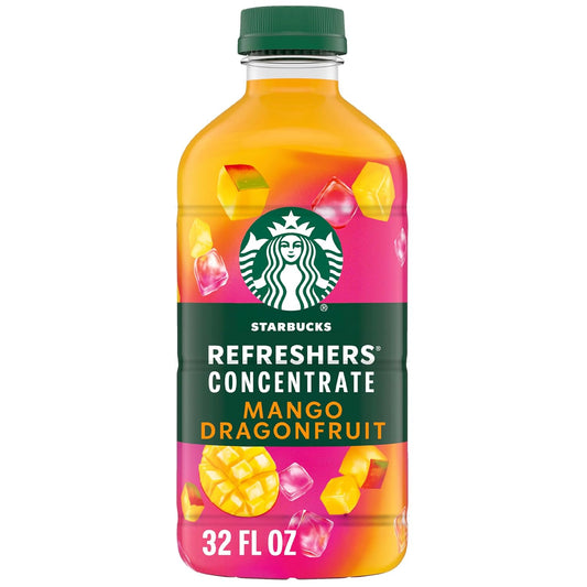 BackupMyFilesNow® Mango Dragonfruit Starbucks Refreshers Concentrate 32 fl oz bottle for cold, refreshing fruit-flavored drinks.