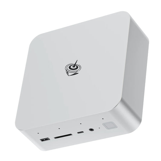Beelink GTi14 Ultra-155H Mini AI PC in silver with 32GB DDR5 RAM and 1TB NVMe SSD, ideal for home desktop and gaming.