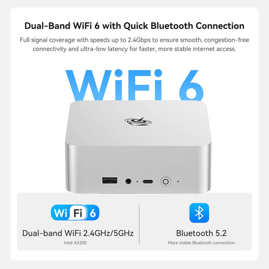 Silver EQI13 Pro Mini PC with Intel i7-13620H, 32GB DDR4 RAM, NVMe SSD, Windows 11, suitable for office, gaming, multimedia.