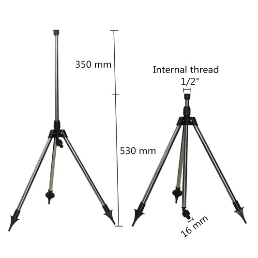 Stainless steel G1/2" adjustable irrigation tripod sprinkler for garden watering, with nozzle and tripod stand.