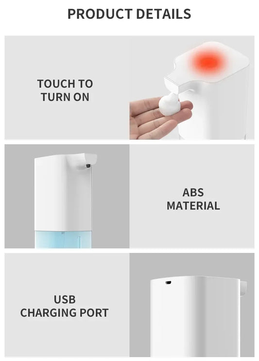 Automatic soap dispenser with infrared sensor, rechargeable USB, for foam hand sanitizer in kitchen or bathroom.