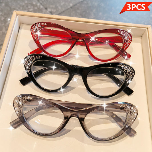 Set of 3 elegant rhinestone cat eye reading glasses for women and men with full rim frames and high-definition lenses, +1.0 to +4.0 diopters.