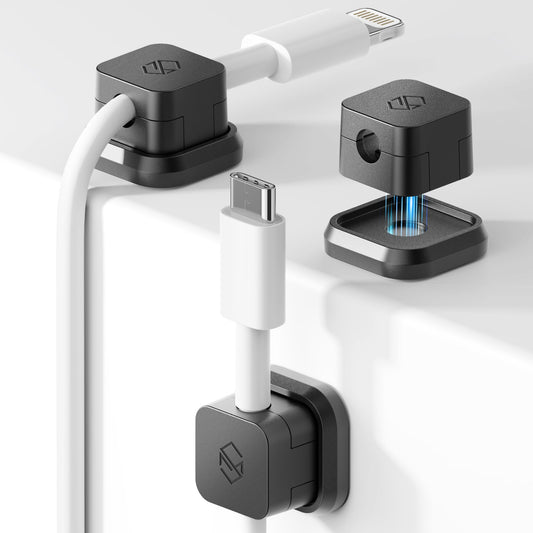 Set of three black Sinjimoru magnetic cable clips for cable management in car and office, self-adhesive and multipurpose.