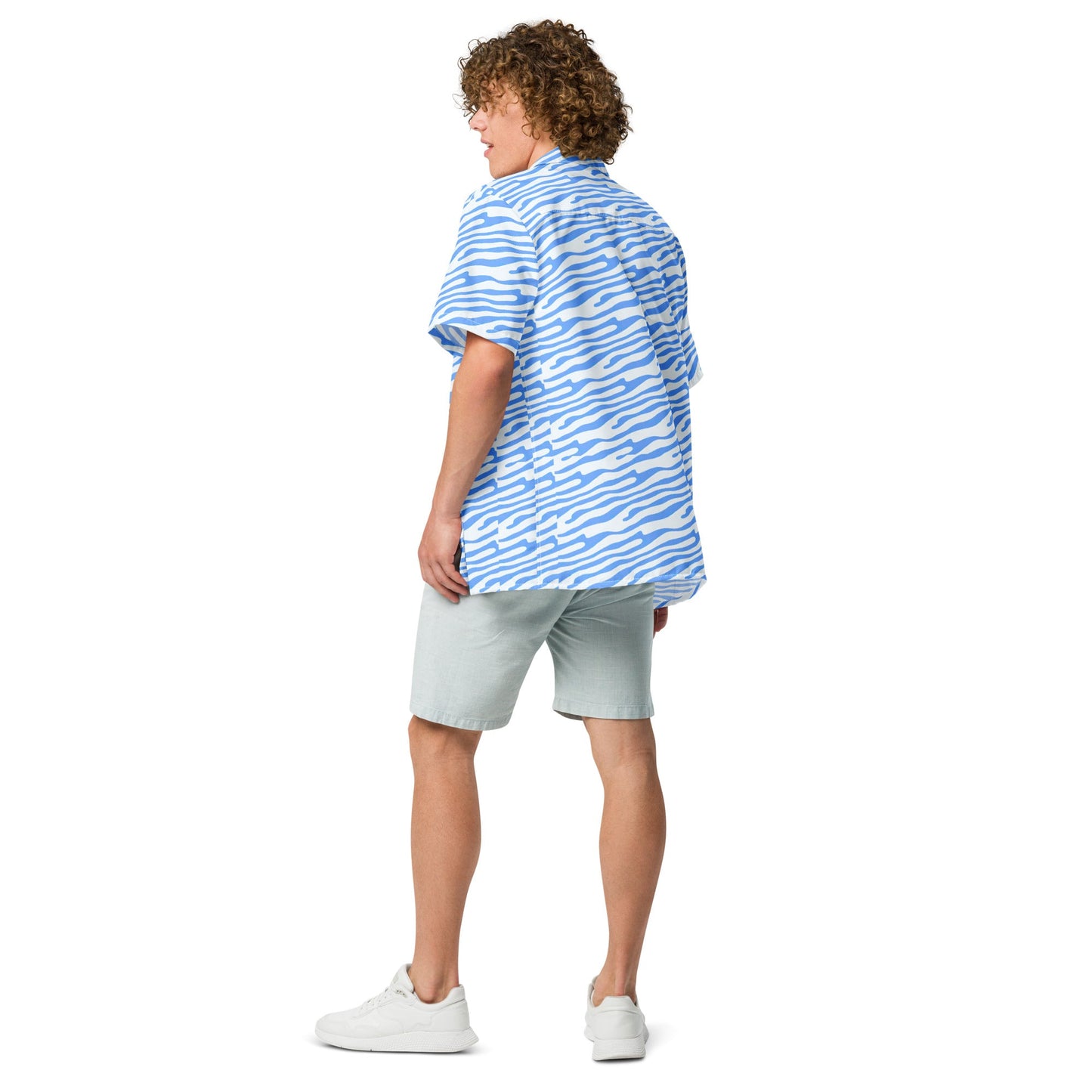 Ocean blue button-up shirt by BACKUPMYFILESNOW.COM®, featuring a classic collar and long sleeves, laid flat on a white background.