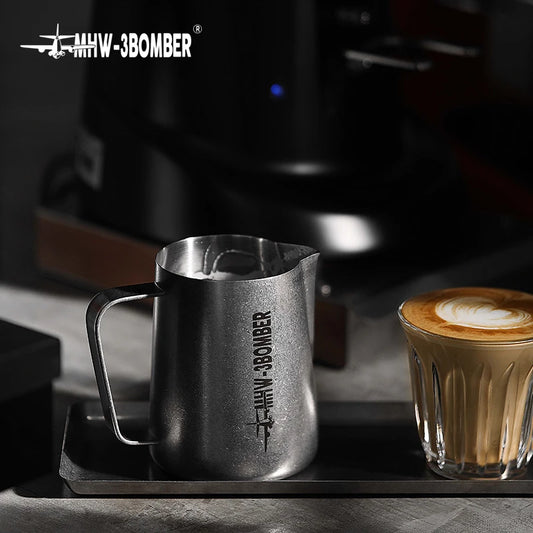 Stainless steel MHW-3BOMBER 3.0 milk frothing pitcher, 450ml, for espresso and latte art, designed for coffee barista use.