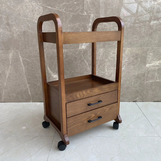 Solid wood beauty salon trolley cart with double drawers, chocolate finish, durable barber and salon trolley for professional use