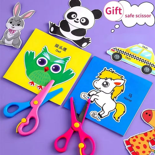 Colorful handmade paper cutouts for kids' craft projects, featuring cartoon patterns for scrapbooking and creative learning activities.