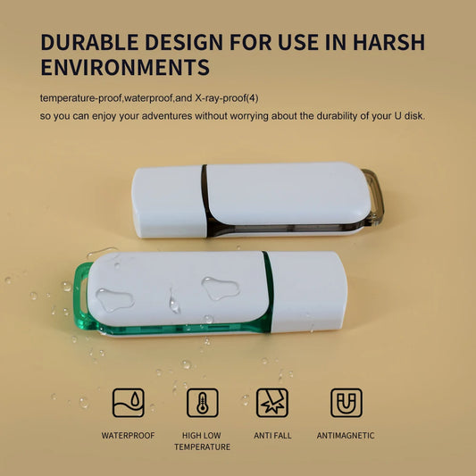 Waterproof USB 2.0 and 3.0 flash drive in various sizes including 4GB, 16GB, 128GB, with colorful design and metal body.