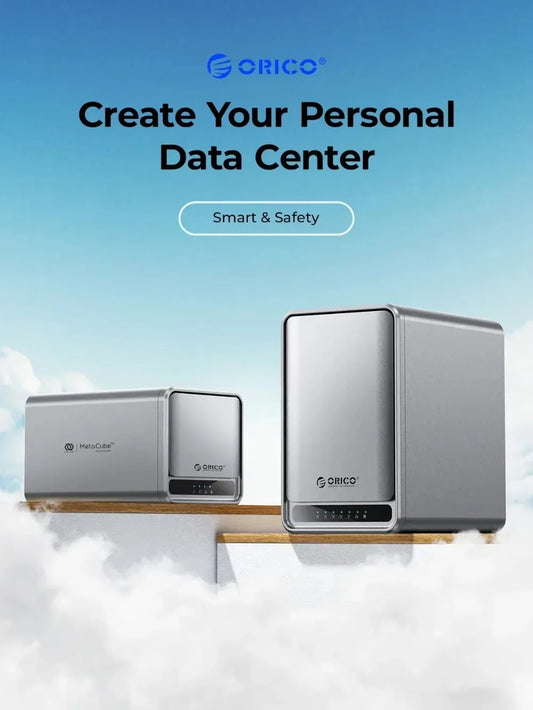 ORICO NAS storage 2.5-bay external hard drive case with USB and network ports, supports remote access and RAID for shared data.