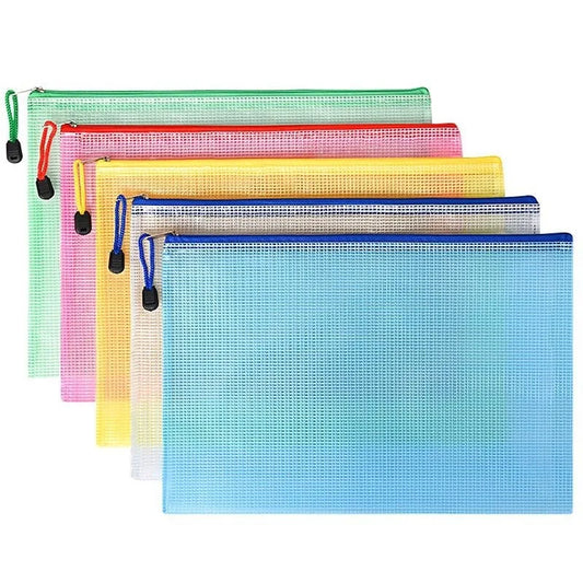 Set of 5 mesh zipper pouch storage folders in A4, A5, and A6 sizes from BackupMyFilesNow.com for school and office supplies.