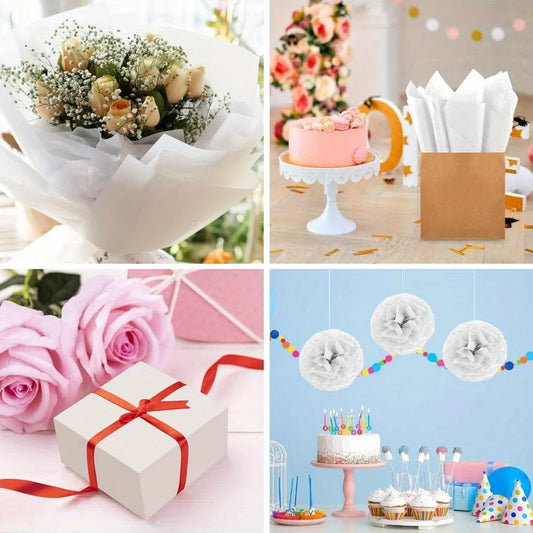 White tissue paper sheets for packaging and gift wrapping, ideal for DIY crafts, weddings, festivals, and party supplies.