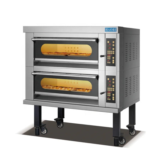 YuMai HB-204B commercial electric bakery oven with two decks, four trays, adjustable thermostat, drop-down door for manufacturing.