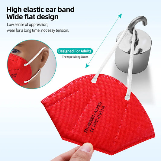 Assorted pack of 50 FFP2 KN95 face masks with 5-layer filters, reusable surgical masks for protection and filtration.
