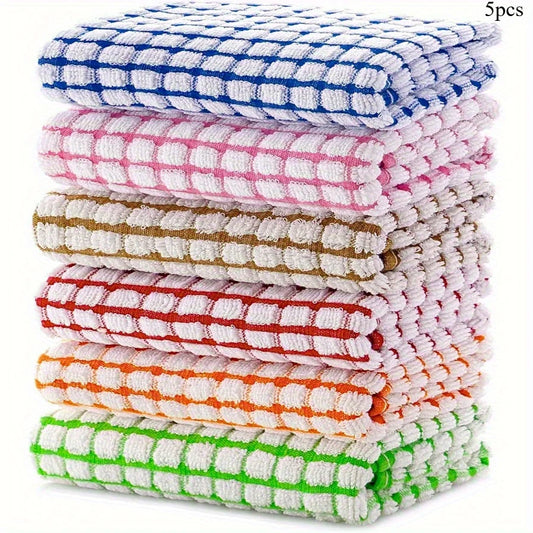 Set of five absorbent plaid dishcloths from BackupMyFilesNow.com, colorful kitchen cleaning cloths for dishes and surfaces.