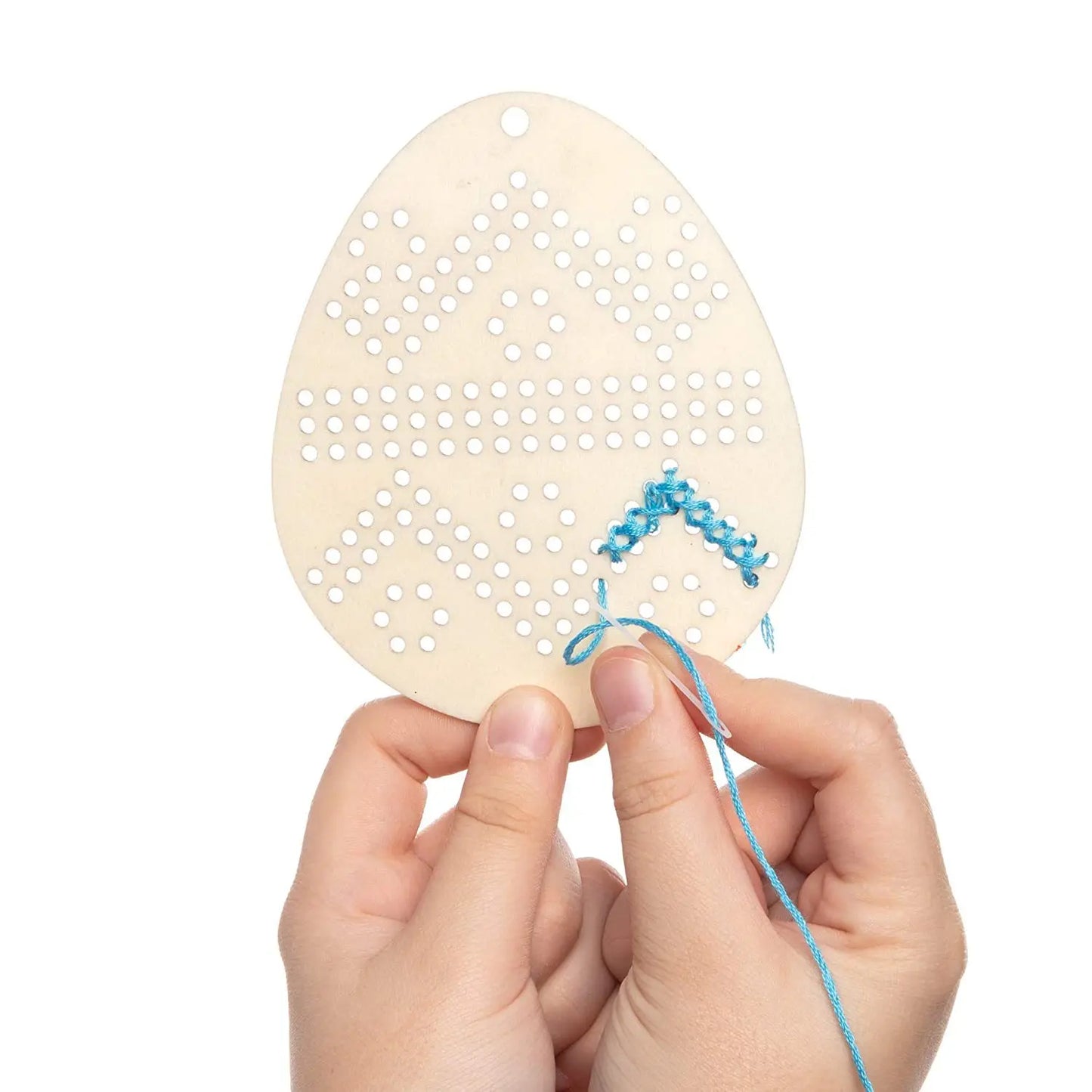 Wooden Easter Egg embroidery craft set for children, DIY embroidery kit with colorful threads for Easter decoration and sewing projects.