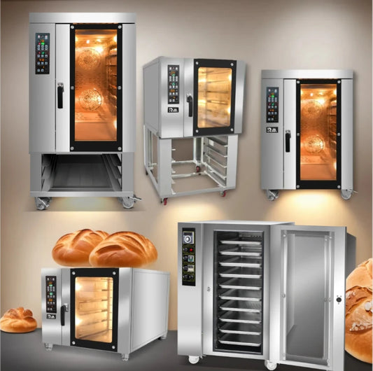 Commercial CE ETL 5/10/12 tray convection oven with steam injection, hot air circulation, and combi steaming function.