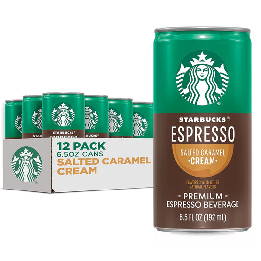 Six-pack of Starbucks Espresso & Cream cans, 6.5 fl oz each, showing the beverage with coffee and cream layers in cans.