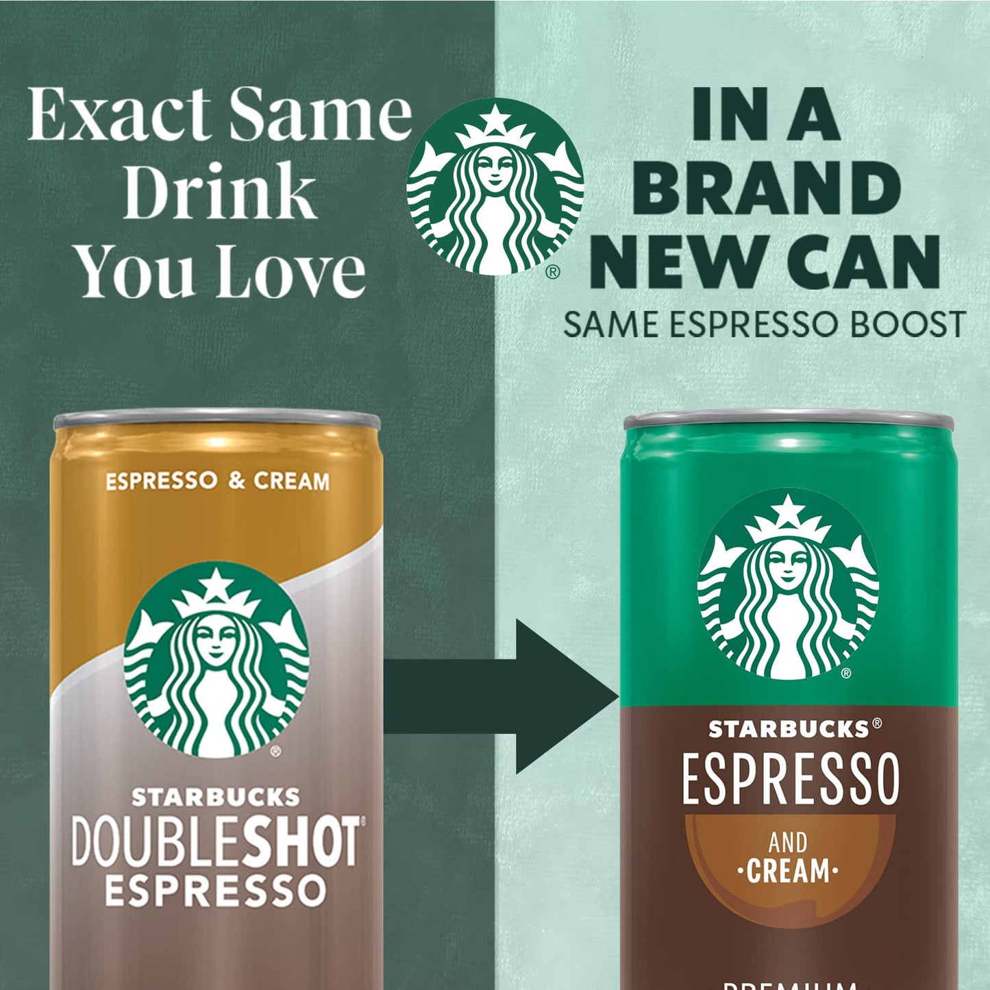 Six packs of Starbucks Espresso & Cream cans, 6.5 fl oz each, arranged in a row, with visible branding on the cans.