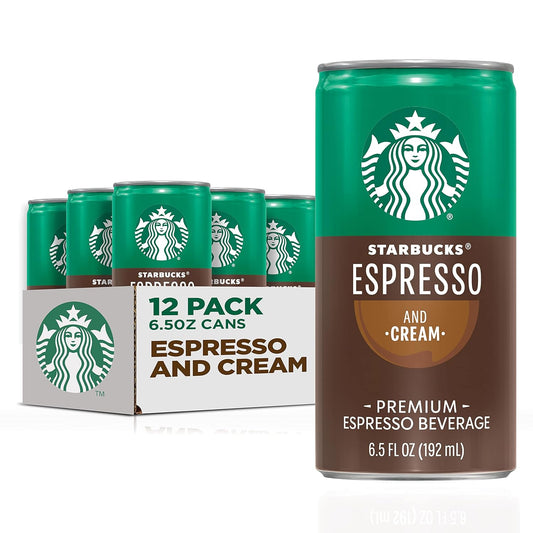 Six 6.5 fl oz cans of Starbucks Espresso & Cream Light coffee beverage in a pack of 12, shown in individual cans with label details.