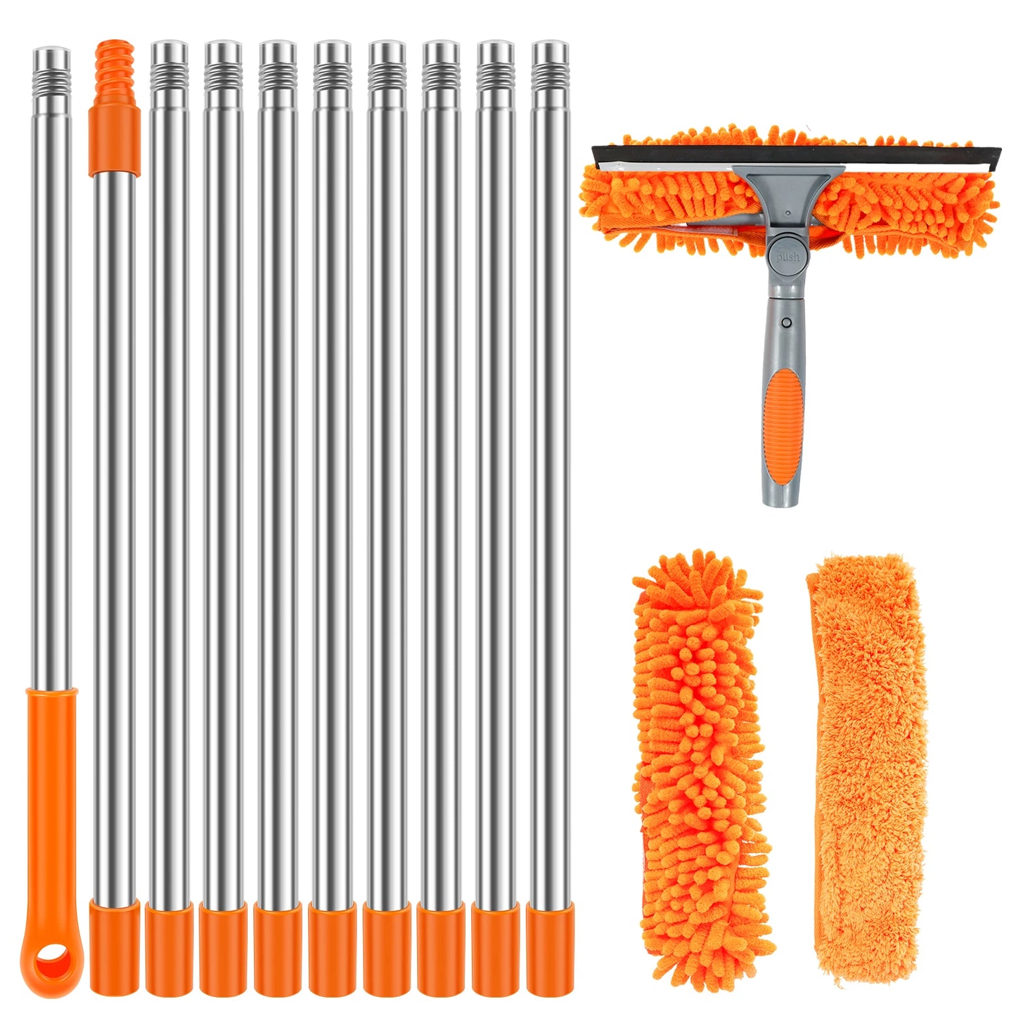 Extended window cleaning kit with double-sided glass squeegee, duster, and mop featuring 180° swivel for easy window cleaning.