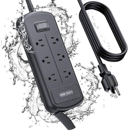 Black surge protector power strip with 6 outlets and 3 USB ports, 10ft waterproof extension cord, wall-mountable for indoor or outdoor use.