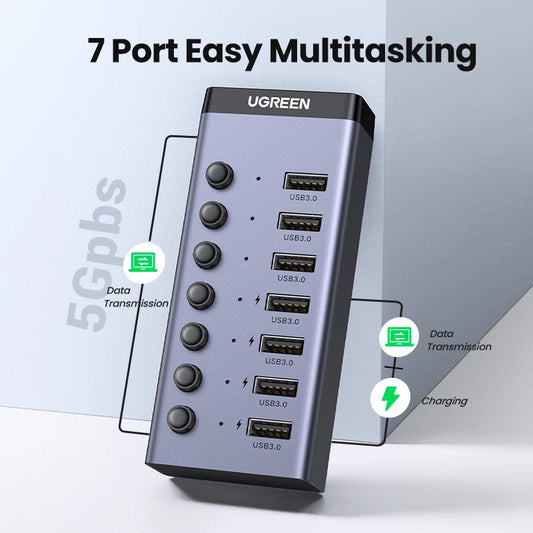 UGREEN 7-port USB 3.0 hub with individual switches, power adapter, and USB-C compatibility for PC and laptop extension.