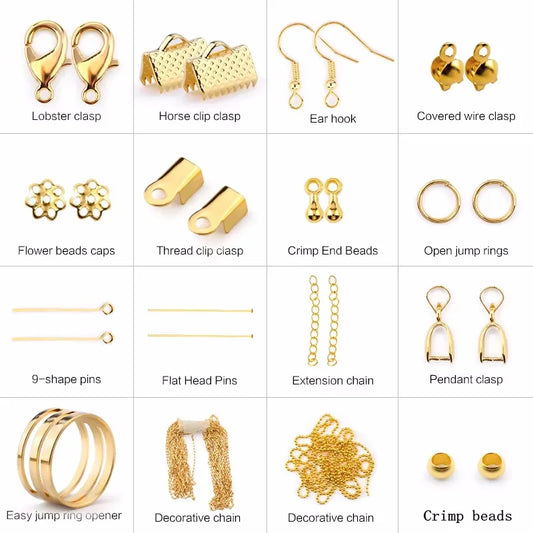 Jewelry making supplies kit with tools, earring charms, wires, and findings for jewelry creation and repair.