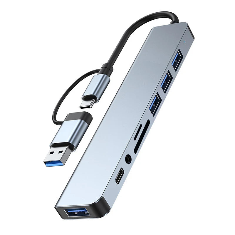 8-in-2 USB and Type-C hub docking station with 3.5mm audio jack, Micro SD card reader for laptop, tablet, and phone.