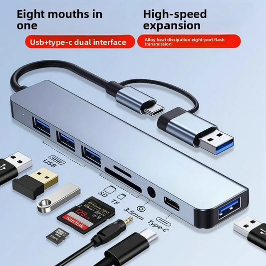8-in-1 USB 3.0 dock with dual Type-C and Type-A ports, SD/TF card reader, 3.5mm audio jack for laptops.