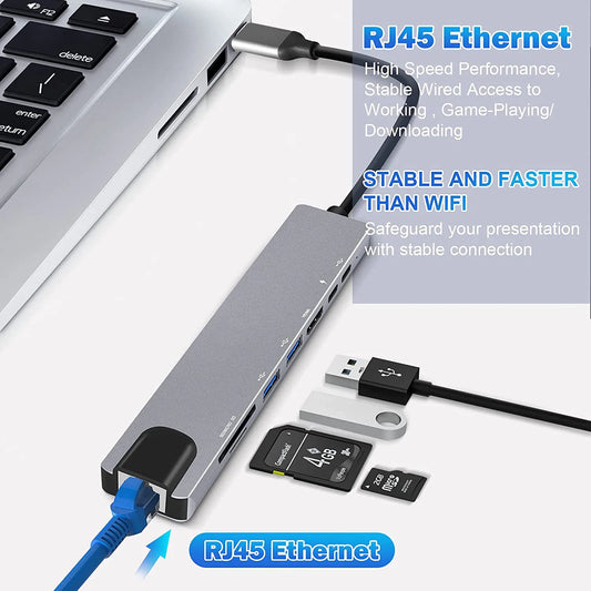 USB C Hub 8-in-1 with HDMI, RJ45, SD/TF card reader, and fast charging for MacBook and laptops, by BackupMyFilesNow.com