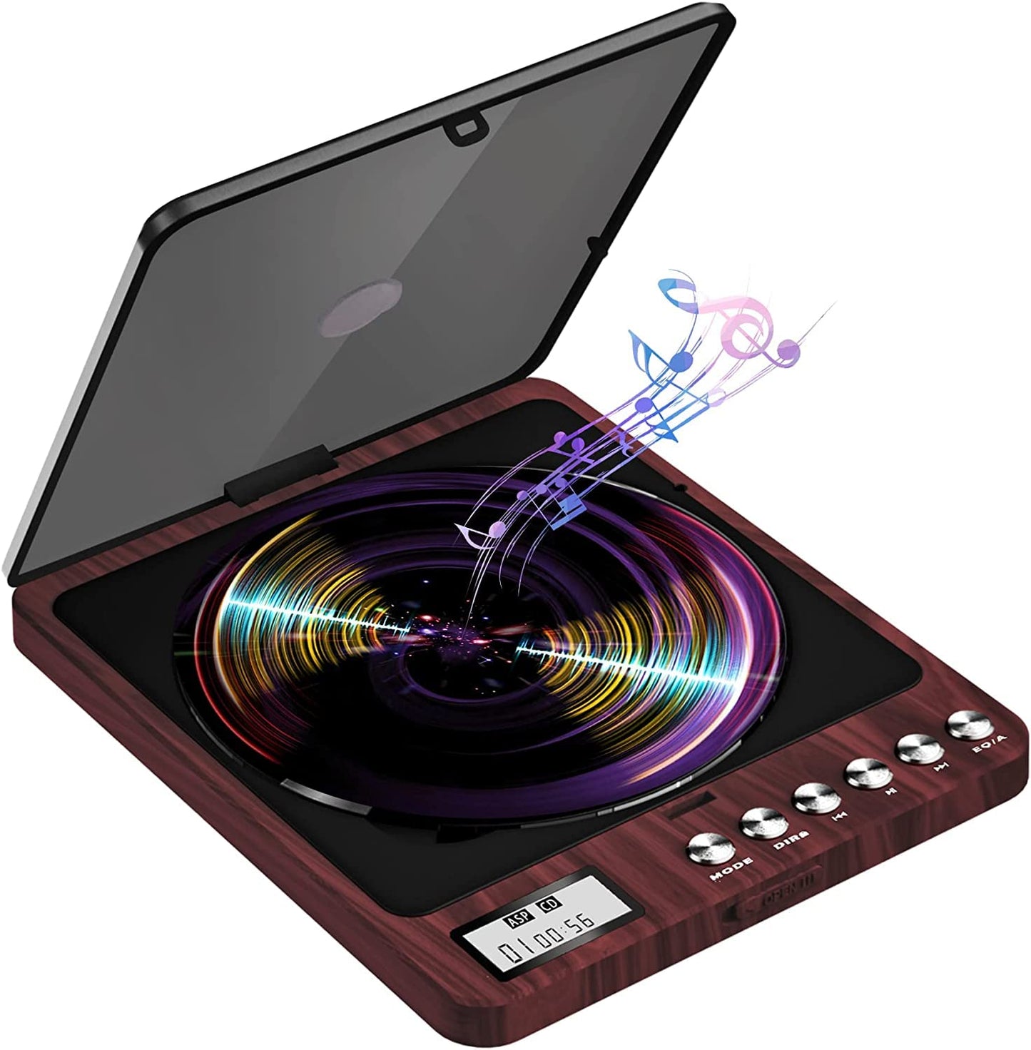 Red portable CD player with built-in speakers, rechargeable 2000mAh battery, anti-shock design, and dual 3.5mm headphone jacks.
